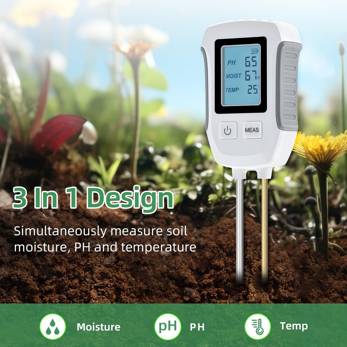 Mcbazel Jordmätare, 3-i-1 Digital Växtjordmätare med PH / Fukt / Temperatur