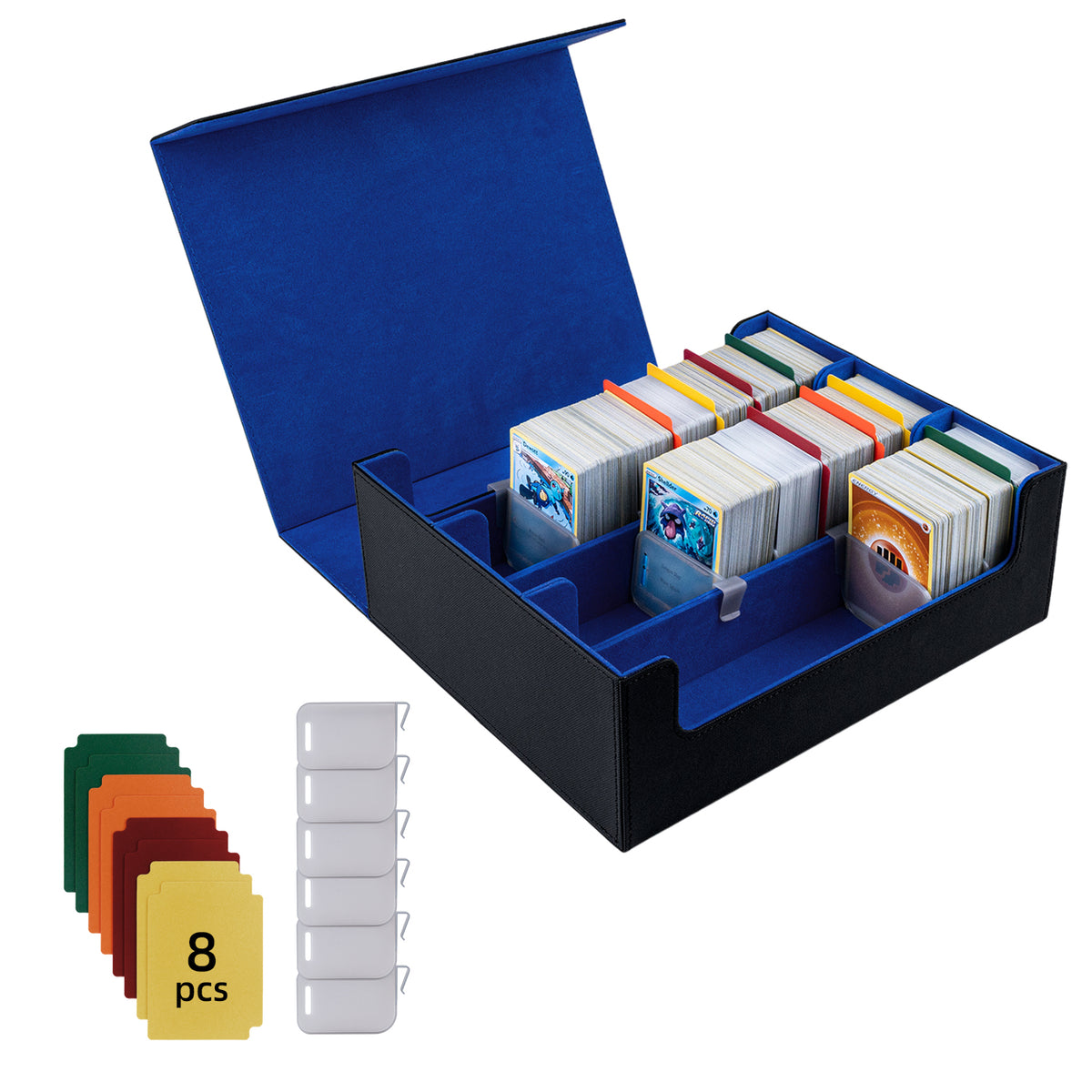 Large Leather Game Card Deck Case Box with 8 Color Dividers-Black&Blue(HX-X034)