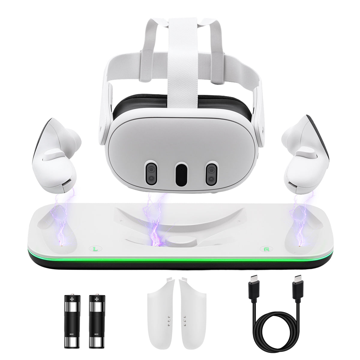 Mcbazel Charging Dock for Quest 3, Fast Charging Station Display Stand with LED Light, Includes 2 Rechargeable Batteries for VR Headset & Controllers - White