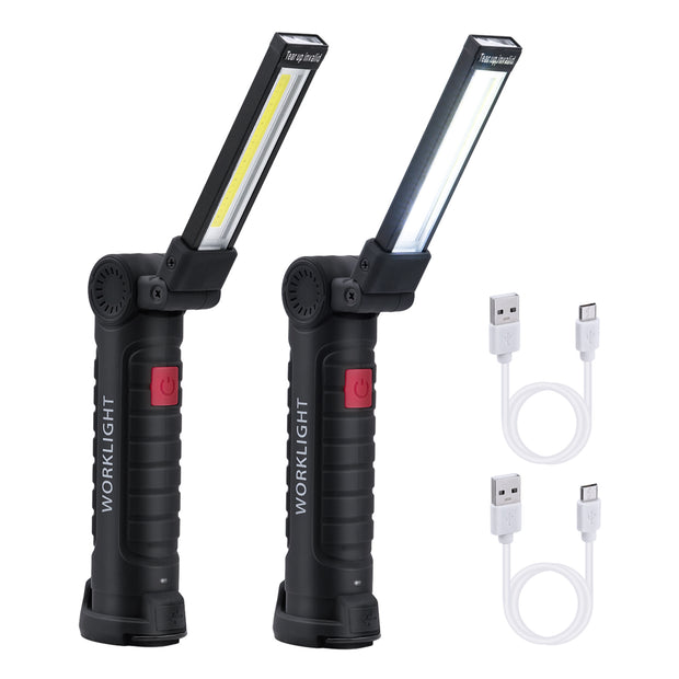 Mcbazel LED arbetslampa Uppladdningsbar USB Ficklampa Arbetslampa COB Verkstadslampa 360° Roterbar COB-ficklampa med 5 lägen och magnetklämma för campinglampa/bilgarage/utomhus – 2-pack