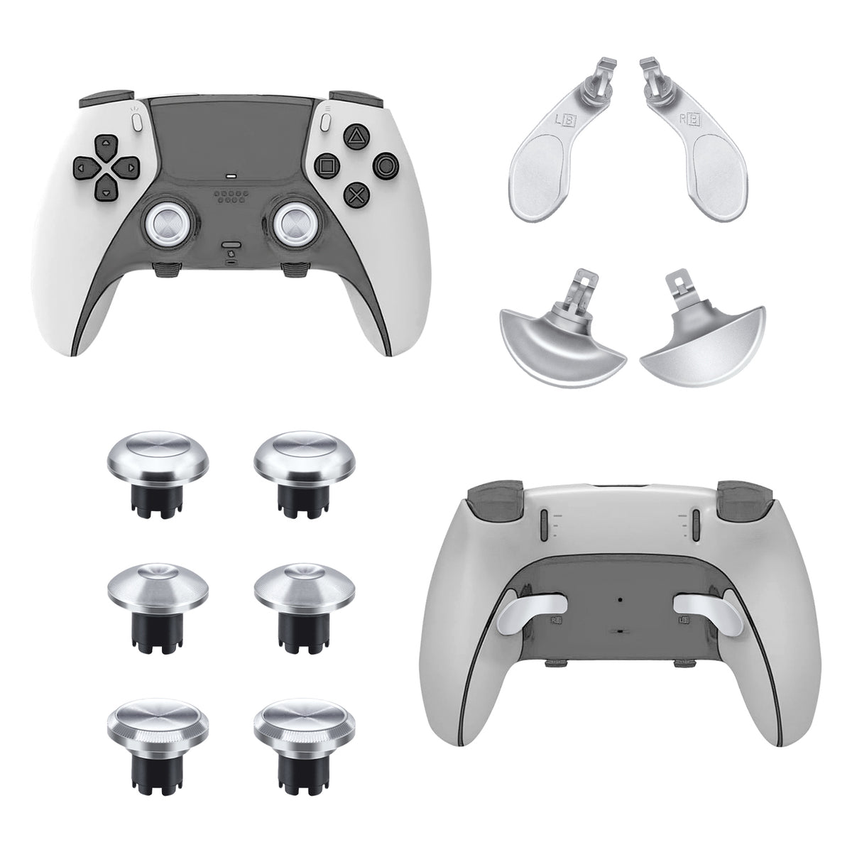 14 In 1 Replacement Metal Thumbsticks with 4 Back Paddle Trigger Buttons for PS5 Edge Controller-Silver