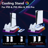 Mcbazel RGB Cooling Stand with Headphone Hook for Ps5/Ps5 Slim/Ps5 Pro, Multifunctional Cooling Fan and Controller Charging Station for PlayStation 5/PlayStation 5 Slim/PRO Console White