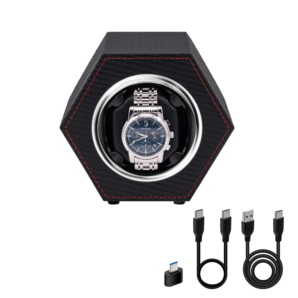 Hexagon PU Leather Automatic Single Watch Winder-Carbon Fiber(W147T)