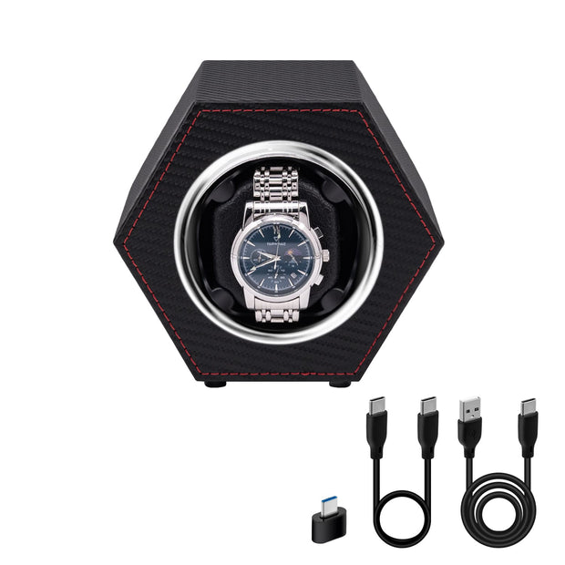 Hexagon PU Leather Automatic Single Watch Winder-Carbon Fiber(W147T)