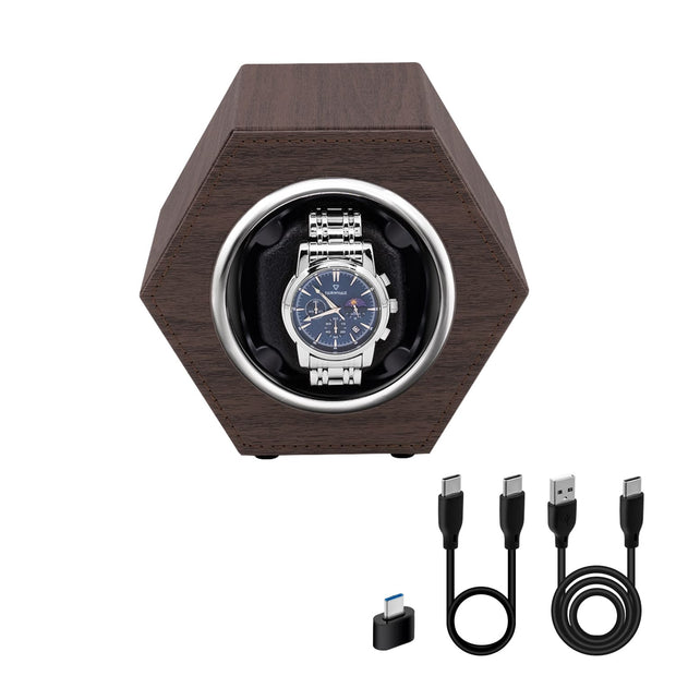 Hexagon PU Leather Automatic Single Watch Winder- Wood Grain(W147M)