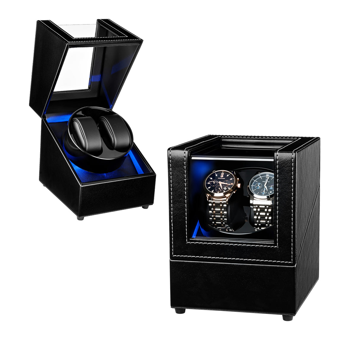 Mcbazel Dual Watch Winder, Watch Case with Two Positions, PU Leather, 5 Modes Automatic Rotating Storage Case, Automatic Watch Winder USB Charging with Blue LED Light - Black