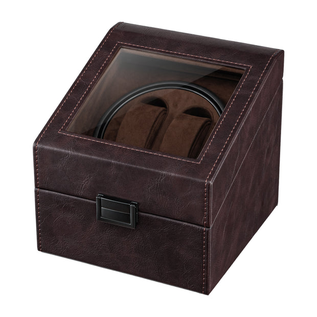 PU Leather Automatic Double Watch Winder With Blue Light - Brown(W177F)#