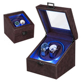 PU Leather Automatic Double Watch Winder With Blue Light - Brown(W177F)#