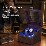 PU Leather Automatic Double Watch Winder With Blue Light - Brown(W177F)#